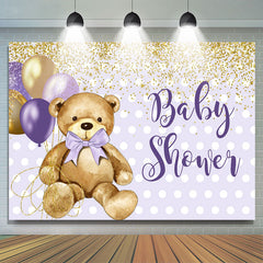 Toile de fond de douche de bébé ours en peluche ballon doré violet