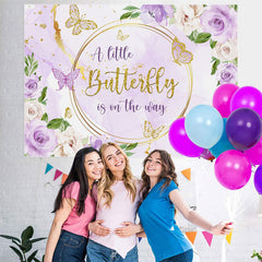 Toile de fond de douche de bébé papillon fleurs dorées violettes