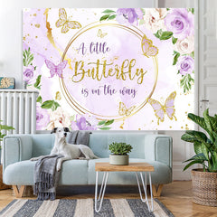 Toile de fond de douche de bébé papillon fleurs dorées violettes