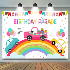 Toile de fond du thème du défilé d'anniversaire de voiture arc-en-ciel et dessin animé