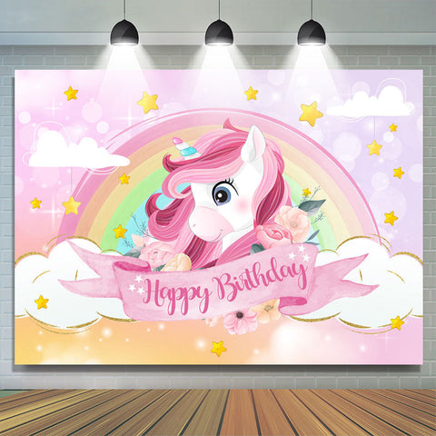 Toile de fond d'anniversaire sur le thème de la licorne rose arc-en-ciel et nuage Toile de fond d'anniversaire sur le thème de la licorne rose arc-en-ciel et nuage