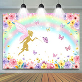 Toile de fond d'anniversaire de fleurs de papillon arc-en-ciel pour fille
