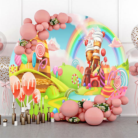 Rainbow Cloud Candy World Toile de fond d'anniversaire ronde Rainbow Cloud Candy World Toile de fond d'anniversaire ronde