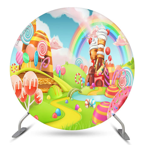 Rainbow Cloud Candy World Toile de fond d'anniversaire ronde Rainbow Cloud Candy World Toile de fond d'anniversaire ronde
