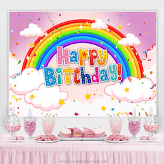 Arc-en-ciel nuage confettis rose joyeux anniversaire toile de fond