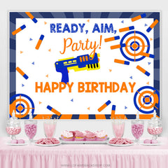 Toile de fond d'anniversaire sur le thème du pistolet de dessin animé Ready Aim