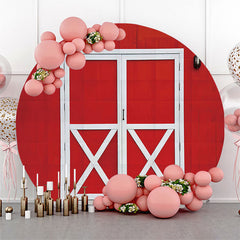 Toile de fond ronde de la fête d'anniversaire de la porte blanche de la ferme rouge