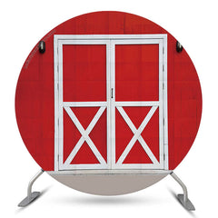 Toile de fond ronde de la fête d'anniversaire de la porte blanche de la ferme rouge