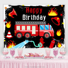 Bannière de fond d'anniversaire noir camion de pompier rouge pour garçon