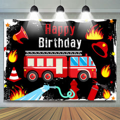 Bannière de fond d'anniversaire noir camion de pompier rouge pour garçon