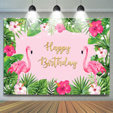 Toile de fond d'anniversaire de flamants rouges et de plantes tropicales