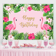 Toile de fond d'anniversaire de flamants rouges et de plantes tropicales