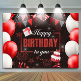 Drapeaux de paillettes rouges et ballons joyeux anniversaire toile de fond