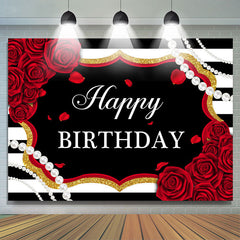 Toile de fond d'anniversaire de perles ¨¤ rayures blanches et noires de roses rouges
