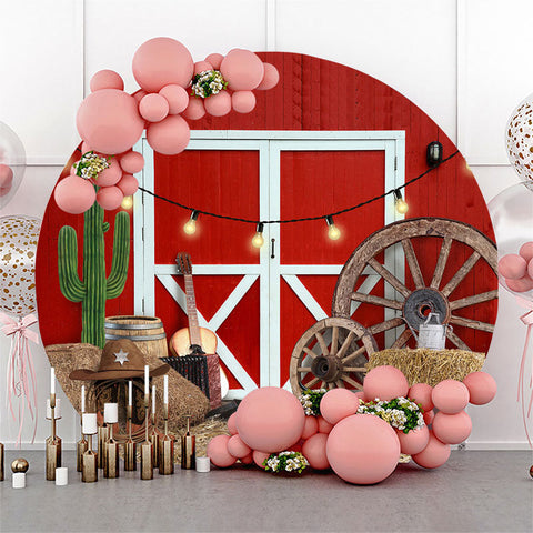 Rodeo Red Wood Wall White Door Round Party Backdrop Rodeo Red Wood Wall White Door Round Party Backdrop