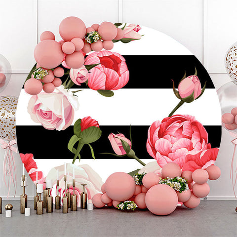 Couverture de fond de fête ronde à rayures noires et blanches roses Couverture de fond de fête ronde à rayures noires et blanches roses