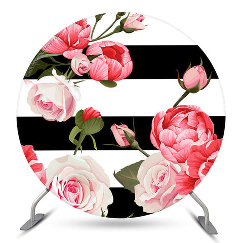 Couverture de fond de fête ronde à rayures noires et blanches roses Couverture de fond de fête ronde à rayures noires et blanches roses