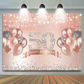 Toile de fond de ballons de diamants scintillants joyeux 50e anniversaire en or rose