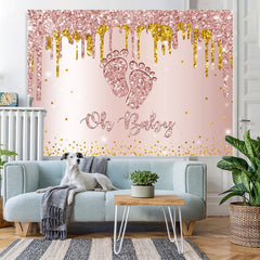 Toile de fond de douche de bébé sur le thème des pieds de paillettes d'or rose