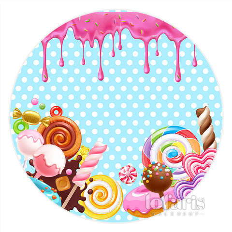 Toile de fond ronde de joyeux anniversaire de thème de terre de sucrerie pour l'enfant Toile de fond ronde de joyeux anniversaire de thème de terre de sucrerie pour l'enfant