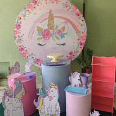 Toile de fond de fête de naissance sur le thème de la licorne de fleurs roses rondes