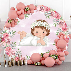 Autour de la fille se trouve dans la toile de fond de douche de bébé fleurs