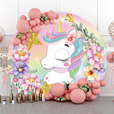 Toile de fond de joyeux anniversaire de paillettes de fleur de licorne ronde