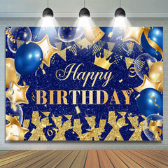 Toile de fond anniversaire ballons bleu royal et paillettes d'or
