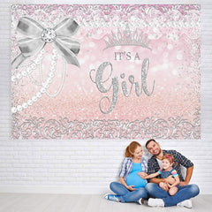 Toile de fond de douche de bébé rose argent arc et couronne giltter