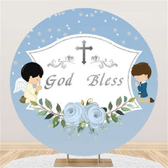 Toile de fond ronde d'anniversaire de fleur bleue de Dieu bénissent d'argent