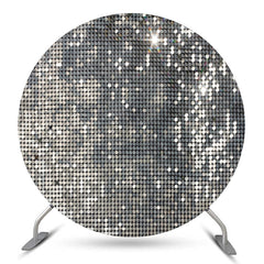 Toile de fond de fête d'anniversaire ronde à paillettes en treillis d'argent