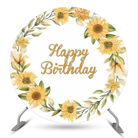 Toile de fond d'anniversaire rond blanc couronne de tournesol simple Toile de fond d'anniversaire rond blanc couronne de tournesol simple