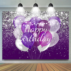 Toile de fond d'anniversaire de ballons à paillettes argentées et violettes