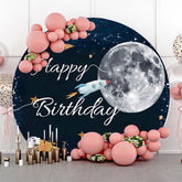 Couverture de toile de fond ronde Space Moon Rocket Happy Birthday