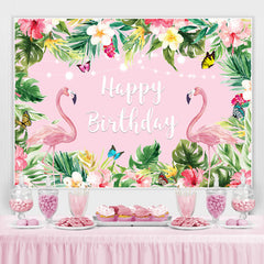 Toile de fond d'anniversaire de flamants roses de fleurs tropicales d'été