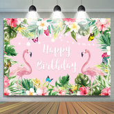 Toile de fond d'anniversaire de flamants roses de fleurs tropicales d'été