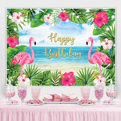 Fond d'anniversaire de flamants roses et de feuilles de mer d'été