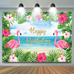 Fond d'anniversaire de flamants roses et de feuilles de mer d'été