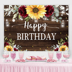 Toile de fond de joyeux anniversaire en bois de tournesol et de roses rouges