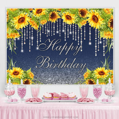 Toile de fond de joyeux anniversaire de tournesols et de lignes scintillantes