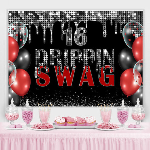 Swag 16 Toile de fond d'anniversaire à paillettes noires et argentées Swag 16 Toile de fond d'anniversaire à paillettes noires et argentées