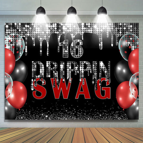 Swag 16 Toile de fond d'anniversaire à paillettes noires et argentées Swag 16 Toile de fond d'anniversaire à paillettes noires et argentées
