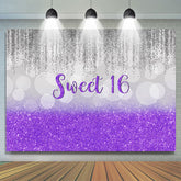 Sweet 16 Toile de fond d'anniversaire Bokeh à paillettes violettes et grises