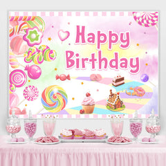 Fond de joyeux anniversaire sur le thème du monde des desserts roses doux