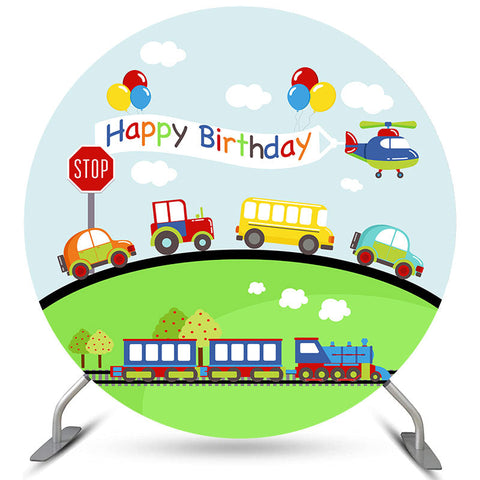 Transport coloré joyeux anniversaire cercle toile de fond Transport coloré joyeux anniversaire cercle toile de fond