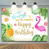 Toile de fond d'anniversaire d'ananas de flamants roses de feuilles tropicales