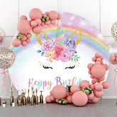 Licorne arc-en-ciel fleurs cercle joyeux anniversaire toile de fond