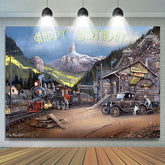 Toile de Fond de joyeux anniversaire de voiture de train de montagne vintage