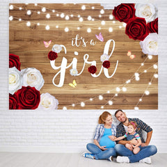 Toile de fond de douche de bébé en bois scintillant rose blanche et rouge