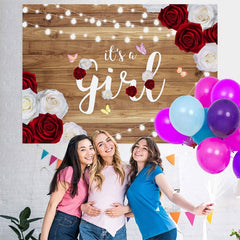 Toile de fond de douche de bébé en bois scintillant rose blanche et rouge